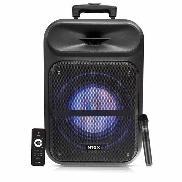 Intex Thriller 500 Bluetooth Trolley Speaker | 50W Powerful Sound with Wireless Karaoke Mic | Upto 5 Hour | RGB Lights & LED Display | Recording Feature & Remote | Deep Bass Party Speaker (Black)