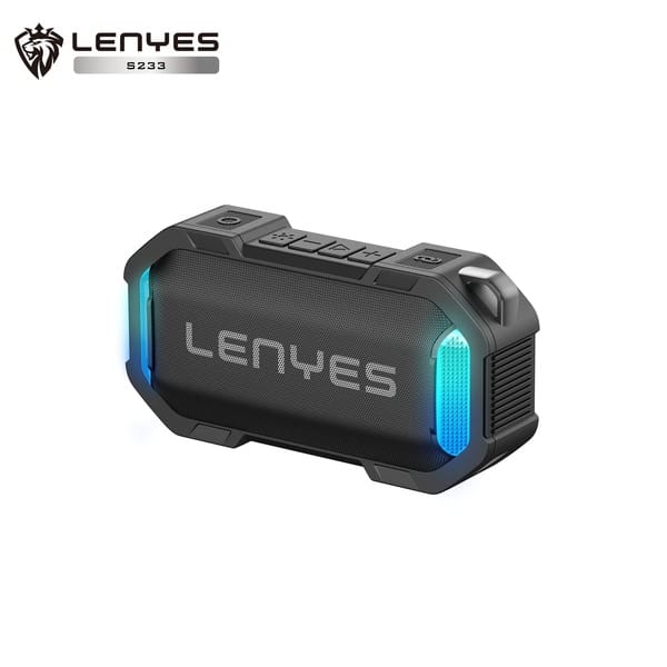 Lenyes S233, 12W Wireless Ultra Portable Bluetooth Speaker, Pro Sound, Integrated Carabiner, Vibrant Color with Rugged Fabric Design, Dust & IPX7 Waterproof, Type C With RGB Lights (With Mic, Black)