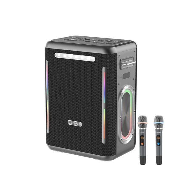 Lenyes S837 300W Portable Karaoke Party Speaker with Dual Wireless UHF Mics, 30000mAh Battery, 65W Type-C Fast Charging, TWS Pairing, 15H Playtime, Guitar/Mic Input, USB/AUX, EQ Modes (Black)