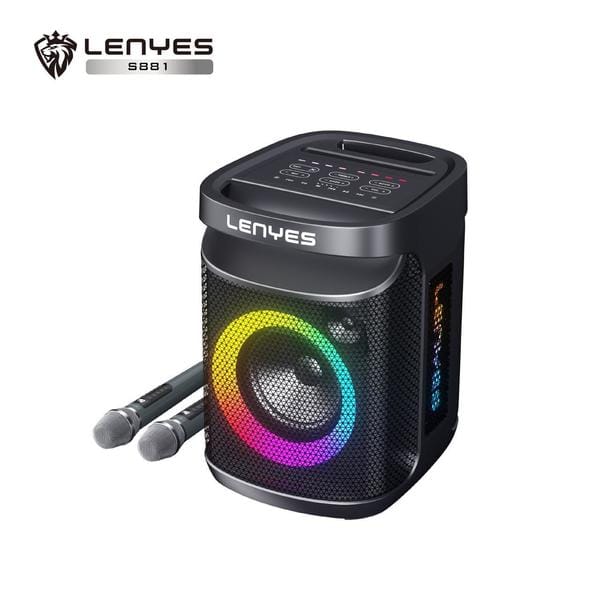 Lenyes S881 WaterProof Outdoor 120W KTV Wireless Bluetooth Party Speaker With Dual Wireless Karaoke Mic, Upto 3 Hours Playtime, Dual Bass Radiator, HD Sound, RGB LED Lights (Black)