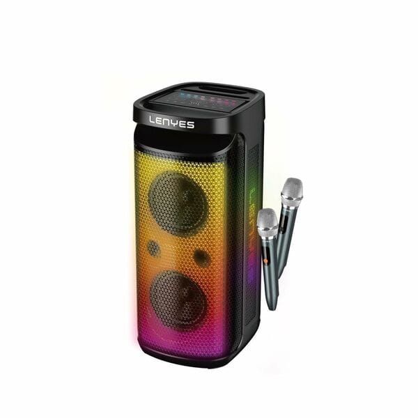 Lenyes S882 Bluetooth Party Speaker | 200W Output | 2 Wireless Mics | RGB LEDs | TWS Stereo | IPX4 Water-Resistant | 6000mAh Battery | Remote | USB/TF/AUX/FM (Black)