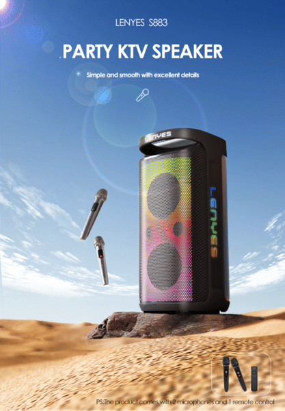 Lenyes S883 WaterProof Wireless KTV 360W Party Speaker with Doubble Dolby 5.1 Signature Sound, Up to 4 hrs Playtime, EQ Modes, 2 Mics for Karaoke, TWS Mode, Bluetooth (Space Black)