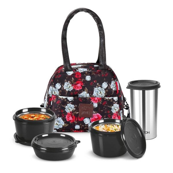 Milton Floret Lunch Box with Insulated Fabric Jacket 3 Containers-Black