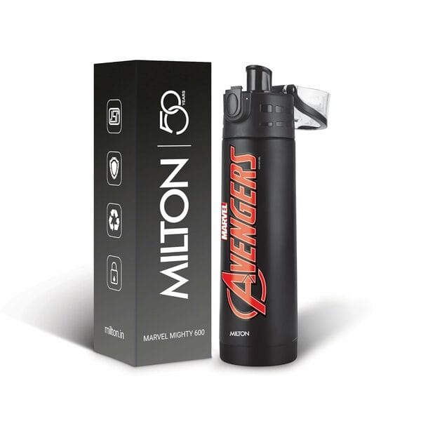 Milton Marvel Mighty 600 Thermosteel Water Bottle, 500 ml-BLACK AVENGERS
