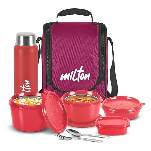 MILTON Pro Lunch Box with Steel Cutlery, 3 Microwave Safe Inner Steel Containers (180ml, 320ml, 450ml) Plastic Chutney Dabba 100ml, Steel Bottle 750ml-Maroon