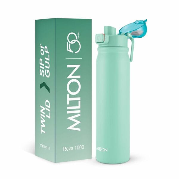 MILTON Reva 1000 Stainless Steel Water Bottle with Twin Lid Sip or Gulp, 1 Litre-Aqua Green