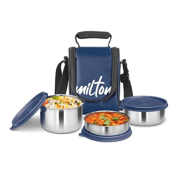 MILTON Tasty 3 Lunch Box with Insulated Fabric Jacket, 3 Stainless Steel Containers (200 ml, 320 ml, 500 ml-Blue