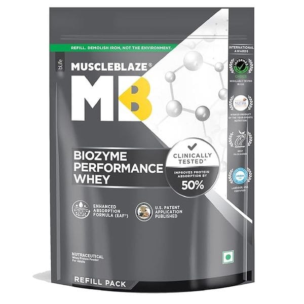 MuscleBlaze Biozyme Performance Raw Whey Protein | Clinically Tested 50% Higher Protein Absorption | Informed Choice UK, Labdoor USA Certified & US Patent Filed EAF (Unflavoured, 1 kg / 2.2 lb)