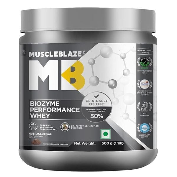 MuscleBlaze Biozyme Performance Whey Protein | Clinically Tested 50% Higher Protein Absorption | Informed Choice UK, Labdoor USA Certified & US Patent Filed EAF (Rich Chocolate, 500 g / 1.1 lb)