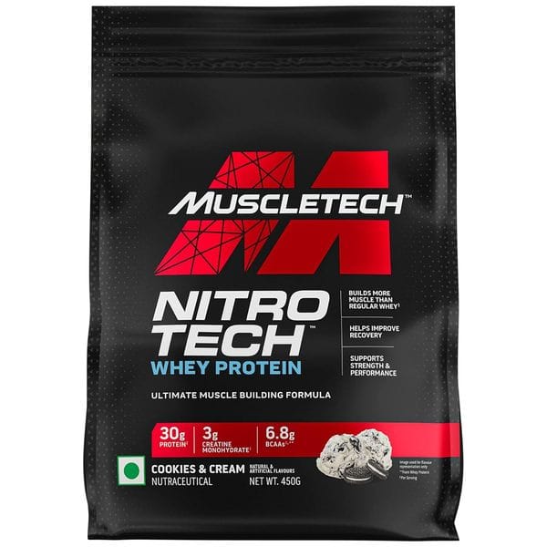 MuscleTech Nitro-Tech Whey Protein, 450g, Cookies & Cream, 30g Protein, 3g creatine monohydrate, 6.7g BCAA, ultimate muscle building formula, increase strength & performance