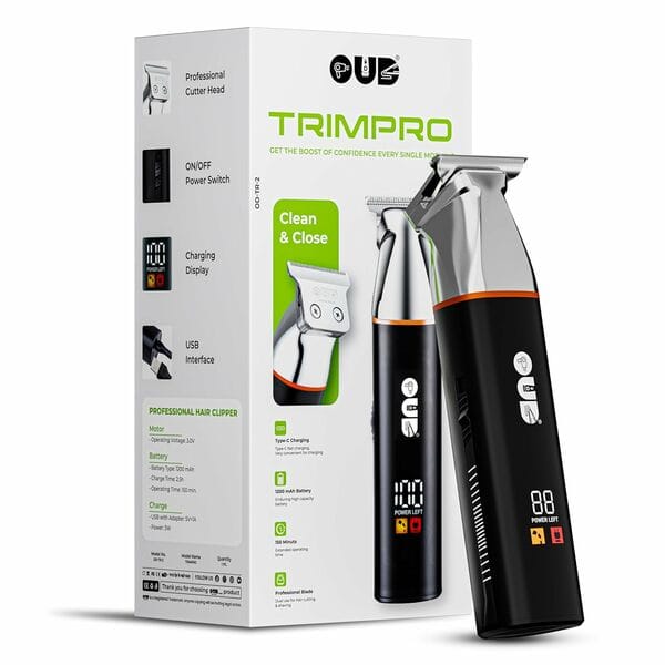OUD OD-02 TRIM PRO Professional Hair/Beard Trimmer for Men Zero Gapped Hair Clippers for Barber with T Blade, 150 Min RunTime – Cordless Rechargeable (Black,Silver)