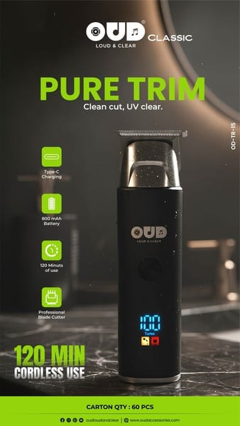 OUD OD-15 PURE TRIM Professional Hair Trimmer, 7000 RPM Motor, LED Display, Type-C Charging, 120 Minutes Runtime, Travel Pouch