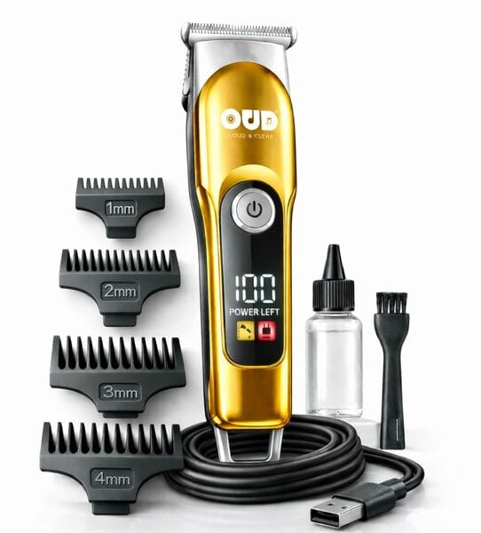 OUD-OD-17 AURA TRIM Men’s Hair & Beard Trimmer | Professional Blade | 120 Minutes Runtime | Type-C Charging | LED Battery Display | Cordless Trimmer (Gold,Silver)