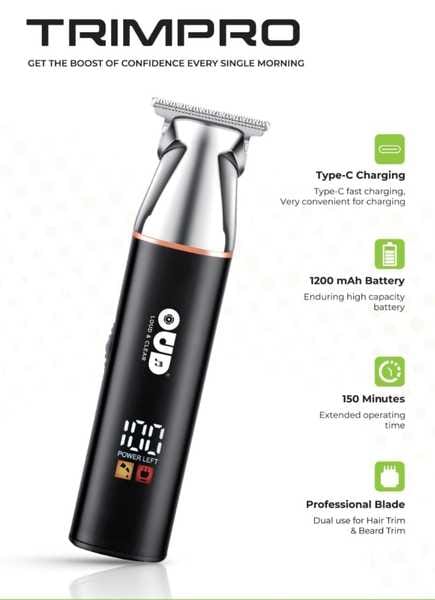 OUD TRIM PRO Beard & Stubble Trimmer with 6800RPM motor Idling for Men | Digital Display | 150 min Runtime | USB Type-C | 7 Length Settings | (Black)