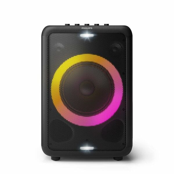 PHILIPS Audio TAX3206/94 80W Bluetooth Party Speaker with 14 Hours Play Time, Karaoke Features, Guitar and Mic Input, Party Lights and Carry Handle (Black)