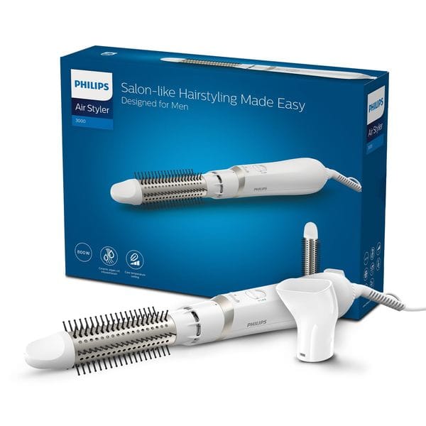 PHILIPS Men’S Air Styler For Salon-Like Hairstyling, 800 Watts With Care Setting, 3 Flexible Cool And Heat Settings, 30Mm Retractable Argan-Oil Coated Brush And Concentrator Bha301/10, (White)