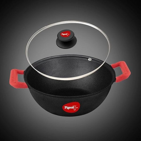 Pigeon by Stovekraft Cast Iron Kadai with Glass Lid | Medium, 24 cm | Naturally Nonstick | Pre-Seasoned Kadhai with 100% vegetable oil | Toxin-Free | High Pressure Casting