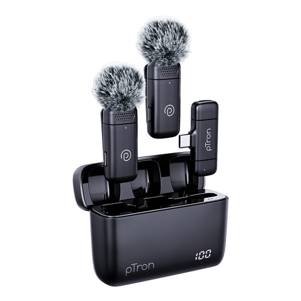 pTron KWM-2 2.4GHz Type C Wireless Microphone w/ DSP Noise Cancellation, 360° Sound Capture, 48Hrs Battery, 20m Wireless Range, Collar Mic for Video Recording, Supports Type C Android, iOS (Black)