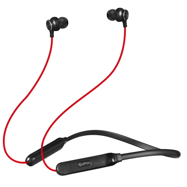 pTron Tangent Duo Wireless In-Ear Neckband w/ HD Calls, 13mm Driver, Deep Bass, Bluetooth 5.2, Type-C Fast Charging, Dual Pairing, Voice Assist & IPX4 (Red & Black)