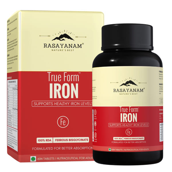Rasayanam Iron Supplement for Women & Men | Ferrous Bisglycinate with 4X Absorption | Vitamin C & B-Complex | Easy Digestion, Boosts Hemoglobin & Energy – Pack of 1 (60 Tablets)