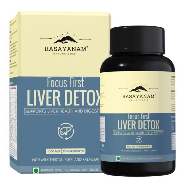 Rasayanam Liver Detox Supplement 1000mg | Milk Thistle and NAC | 80% Silymarin | Added herbs like Kutki, Kalmegh, Turmeric, Dandelion, Zinc & more | Supports Detox, Digestion, Energy & Daily Liver Wellness – 60 Tablets (Pack of 1)