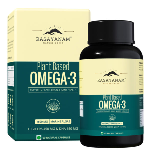 Rasayanam Plant Based Omega-3 Capsules, 1600mg | Gelatin Free, No Burps, No Fish Oil, Pure Algae | 450mg EPA & 150mg DHA, Better Joint & Heart Health | Vegetarian Omega 3 Supplement – Pack of 1 (60 Capsules)