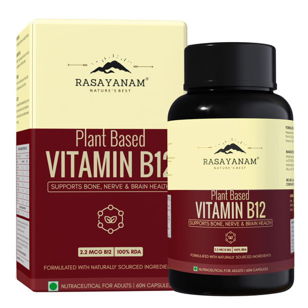 Rasayanam Plant-Based Vitamin B12 | 100% Vegan Vitamin B12 | Enriched with 7 Superfoods like Moringa, Amla & More | Supports Energy, Nerve Health & Brain Function | 60 Veg Capsules (Pack of 1)