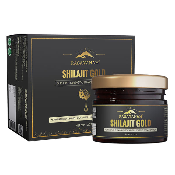 Rasayanam Shilajit Gold Resin | 300-500mg/serving | 75% Fulvic Acid | High Potency Shilajeet, Ashwagandha KSM66, Swarn Bhasma (24 Carat Gold) & Saffron | Strength & Muscle Recovery – 20g (80 Servings)