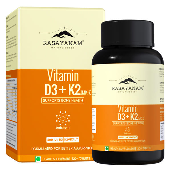 Rasayanam Vitamin D3 K2(MK-7) | 100% Vegan Vitamin D3 | Superior K2(MK-7) from Balchem, USA | For Calcium Utilization, Bone Strength & Heart Health | D3 Supplement For Immunity | 120 Veg Tablets (Pack of 1)