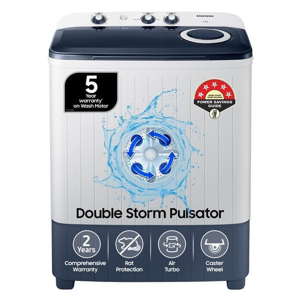 Samsung 6.5 kg, 5 star, Semi-Automatic Top Load (WT65R2200LL/TL, Air Turbo Drying, LIGHT GRAY, 5 Year Warranty on Wash Motor)