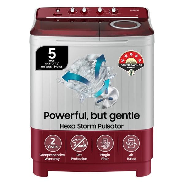 Samsung 7.5 Kg Inverter 5 Star Semi Automatic Top Load (WT75B3200RR/TL, Light Grey & Red Base, Air turbo drying, 5 Year Warranty on Wash Motor)