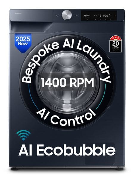 Samsung 9 kg, 5 Star, AI Control, AI Ecobubble, Super Speed, Wi-Fi, Hygiene Steam with Inbuilt Heater, Digital Inverter, Fully-Automatic Front Load (WW90DG6U24ASTL, NAVY)