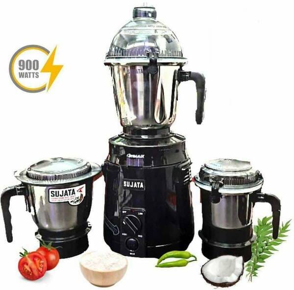 SUJATA Premium 900W Mixer Grinder Dynamix Black | 3 Jars | Powerful & Efficient Grinding for Kitchen | Durable Design
