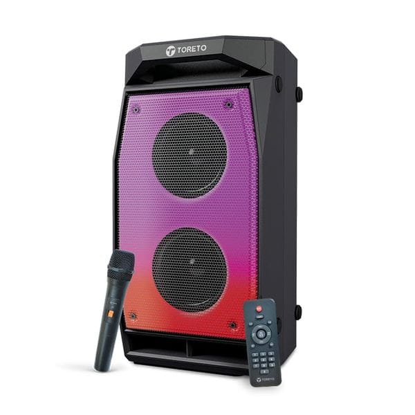 Toreto Evolve Pro 60W Wireless Bluetooth Party Speaker with Wireless Karaoke Mic, Dunamic RGB Light, USB Pen Drive, Aux-in Slot, Upto 6Hrs Playtime – Black (TOR-373)