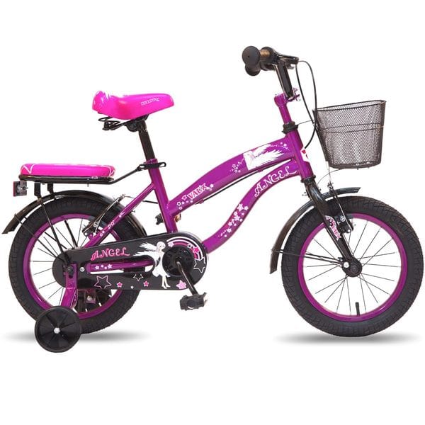 Vaux Angel 14 inch Cycle for Girls 3 to 5 Years with Sidewheels, Basket & Backseat, Kids Bicycle with Steel Frame & Tubular Tyres, Cycle for Girls with Ideal Height 2ft 9inch-3ft 6inch (Purple-Black)