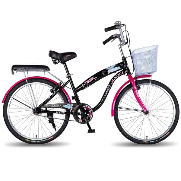 Vaux Angel 24T Women Bicycle for Age Group 10+ Years with Heavyduty Basket & Cushion Backseat, Light Weight Ladies Cycle with Alloy Rims, Ralson Tyres & V Brakes, Ideal for Height 4ft+
