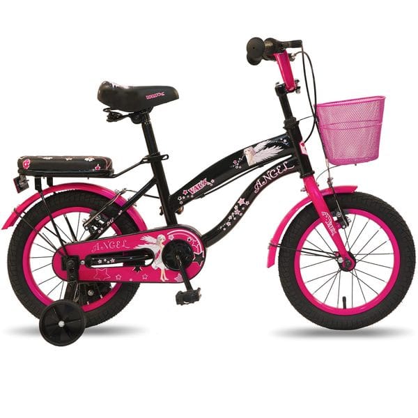 Vaux Angel Cycle for Kids 3 to 5 Years with Sidewheels, Basket & Backseat, 14 inch Cycle for Girls with Steel Frame & Tubular Tyres, Bicycle for Girls with Ideal Height 2ft 9inch-3ft 6inch (Black)