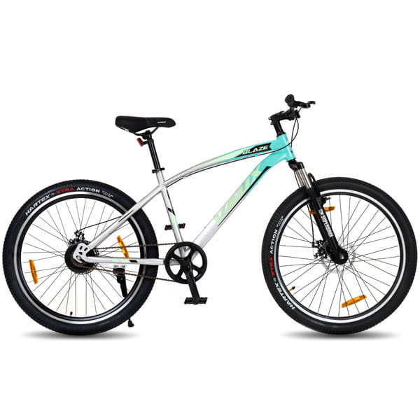 Vaux Blaze 27.5T Cycle for Men| Single Speed MTB| 15″ Hiten Steel Frame | Dual Tone Colors | Dual Disc Brakes | 27.5 * 2.4 Nylon Tyres | 80mm Front Suspension| Double Wall Alloy Rims (Silver-Green)
