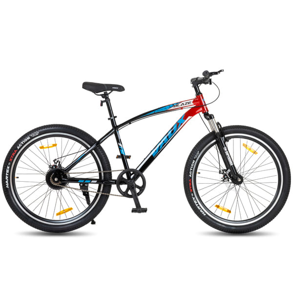 Vaux Blaze 27.5T Single Speed MTB Cycle for Men| 15″ Hiten Steel Frame | Dual Tone Colors | Dual Disc Brakes | 27.5 * 2.4 Nylon Tyres | 80mm Front Suspension| Double Wall Alloy Rims (Black-Red)