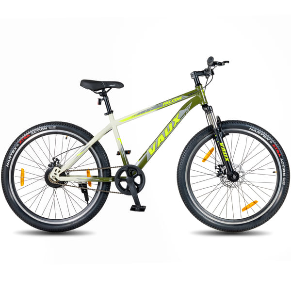 Vaux Falcon MTB Cycle for Men 27.5T with Double Disc Brakes & Front Suspension, 27.5 inch Single Speed Mountain Bicycle for Adults with 17″ Steel Frame, Double Alloy Rims & Nylon Tyres (Army-Green)