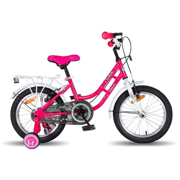 Vaux Pearl Lady Cycle for Kids 4 to 6 years With Training Wheels & Carrier, 16t Cycle For Girls With Steel Frame, Alloy Rims & Tubular Tyre, Bicycle For Girls With Ideal Height 3ft 3inch +(White-Pink)
