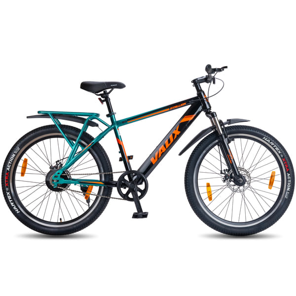 Vaux Stallion-Pro 26inch Cycle for Men with Integrated Carrier IBC| 17″ Steel Frame| Dual-Tone Colors| Dual Disc Brakes| 26 X 2.4 Nylon Tyres| Front Suspension| Single Speed(Green-Black)
