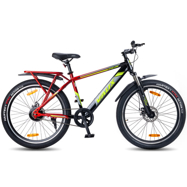Vaux Stallion-Pro 26T Cycle for Men with Integrated Carrier IBC| 17″ Steel Frame| Dual-Tone Colors| Dual Disc Brakes| 26 X 2.4 Nylon Tyres| 80mm Front Suspension| Double Wall Alloy Rims(Red-Black)