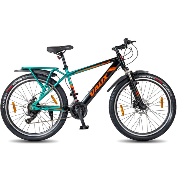 Vaux Stallion-Pro Gear Cycle for Men 26T with Carrier, 26inch MTB with 21 Speed Gear, Dual Disc Brakes, Front Suspension, 17 inch Hi-Ten Steel Frame, Alloy Rims (Green-Black)
