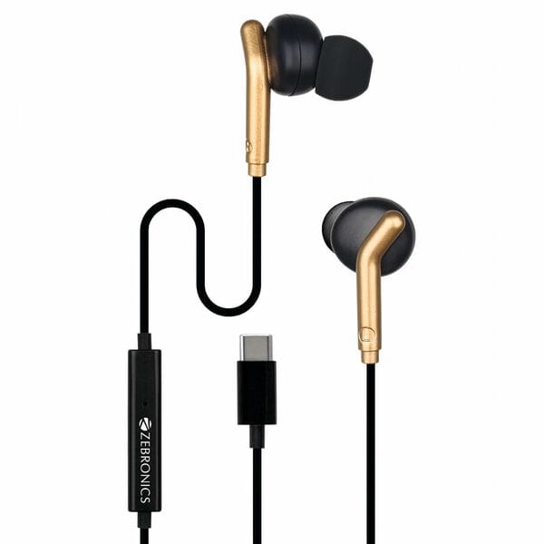 Zebronics Bro Type-C Wired Earphones – Black + Gold
