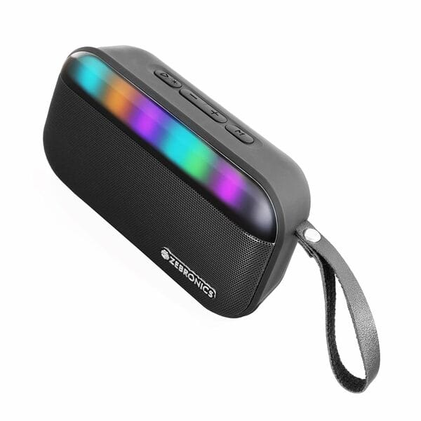ZEBRONICS County 7 Portable Bluetooth Speaker, 8 Watts, Upto 8 Hours Playback, Passive Radiator, BTv5.3 | mSD | TWS | USB, RGB LED, Call Function, Carry Loop (Black)