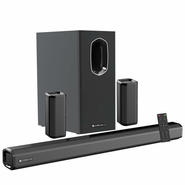ZEBRONICS Juke BAR 7400 PRO 5.1 Channel soundbar with 6.5″ subwoofer, 400W RMS, Dual Rear Satellites, HDMI (ARC), Optical in, AUX, BT v5.0, USB in, Remote Control,LED Display and Wall Mount(Black)