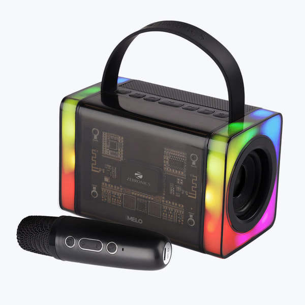 Zebronics Melo Portable Bluetooth Speaker With 15W Output, Usb, Msd, Aux, Rgb, 10H Battery Backup, Passive Radiator, Voice Changing Wireless Mic, Remote Control With Integrated Mic