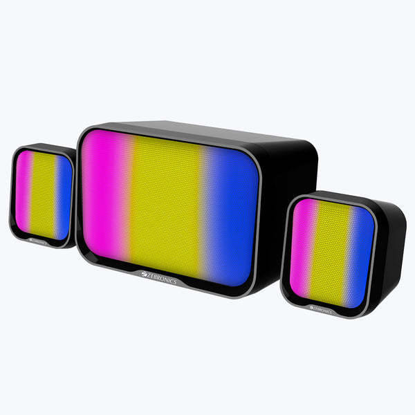 ZEBRONICS Pluto 1-2.1 Channel Desktop Speaker with 15 watts Output, Bluetooth 5.3, 3.5mm Jack Line Input, Inbuilt Volume Control, USB Powered, RGB Lights