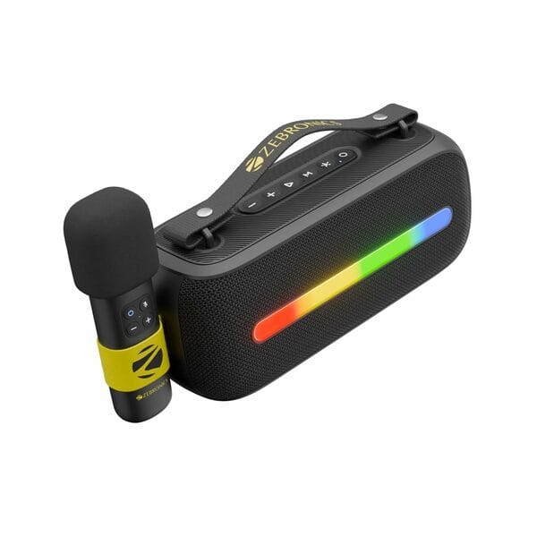 ZEBRONICS Sound Feast 80, Portable Bluetooth Speaker, 20 Watts, Upto 7h Backup, Bluetooth | USB, Karaoke, RGB LED Strip, Included Wireless Microphone, Detachable Carry Strap